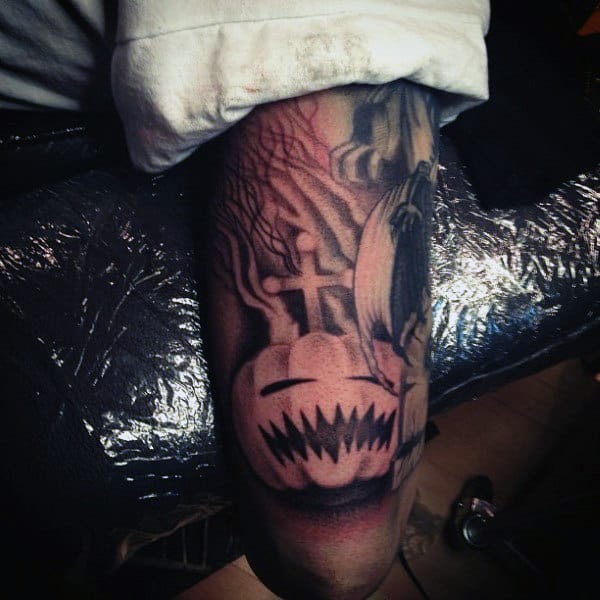 Mens Evil Pumpkin Tattoo With Cross Half Sleeve