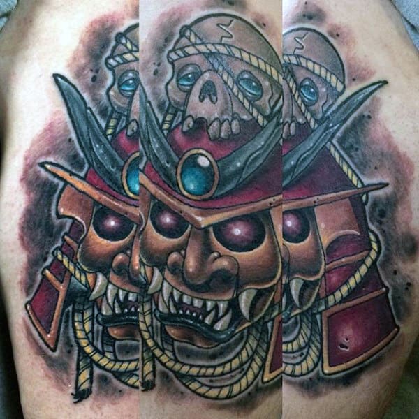 Mens Evil Samurai Mask With Skull Thigh Tattoo