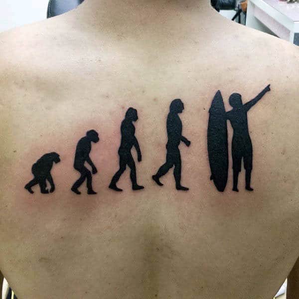 Mens Evolution Ape To Surfer Silhouette Back Tattoo