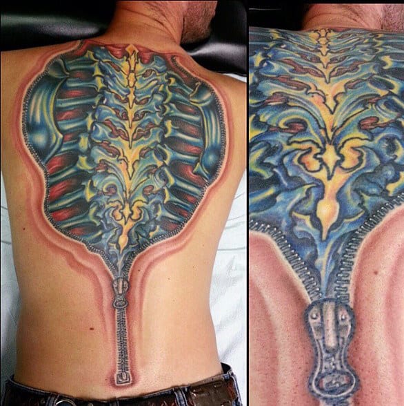 Mens Exposed Spine Back Tattoo With Zipper Design 3d