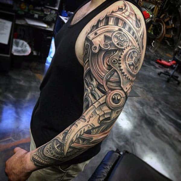Mens Extreme Full Sleeve Mechanical Gears Tattoo Ideas