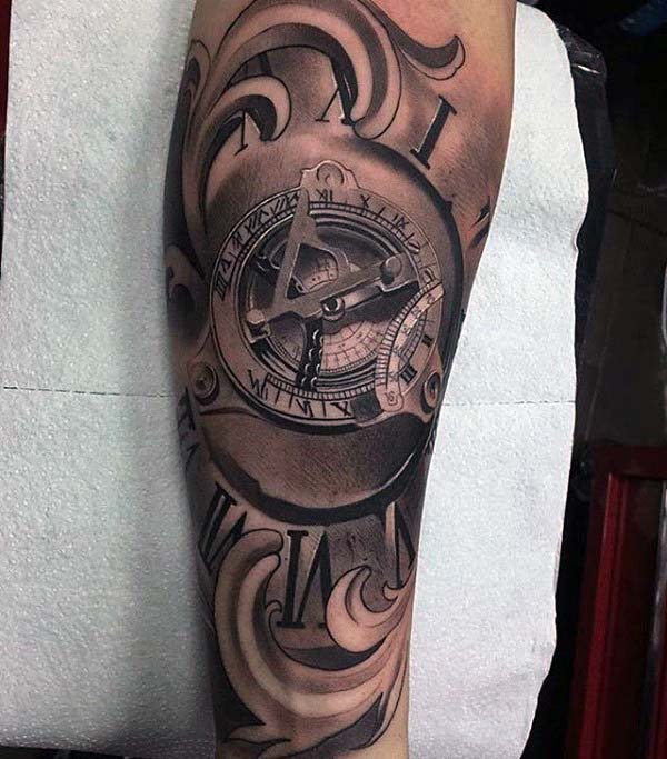 Mens Extreme Ornate Clock Gears Forearm Sleeve Tattoo