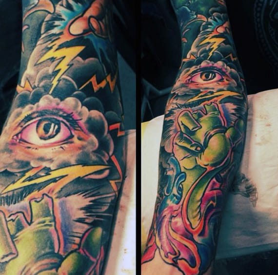 Mens Eye And Lightning Tattoo Sleeve