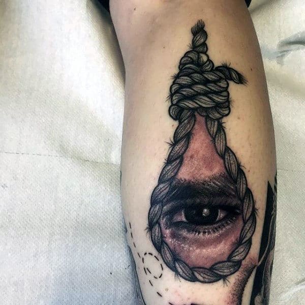 Mens Eye Looking Though Noose Leg Calf Tattoos