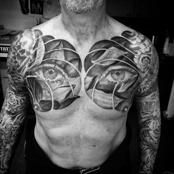 Mens Eyes Lotus Flower Chest Tattoos