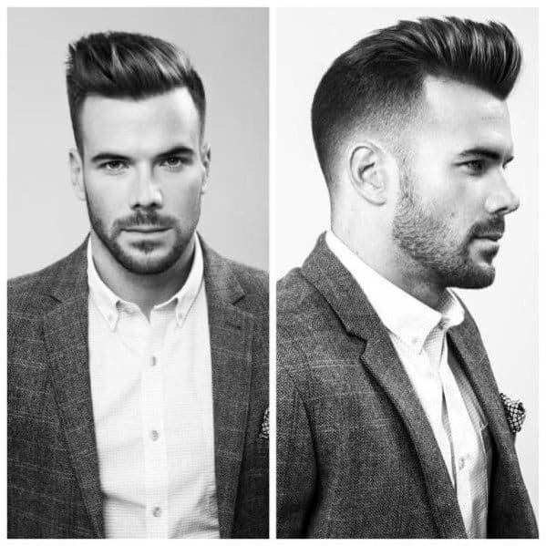 Voluminous, brushed-up top with a high fade on the sides and back