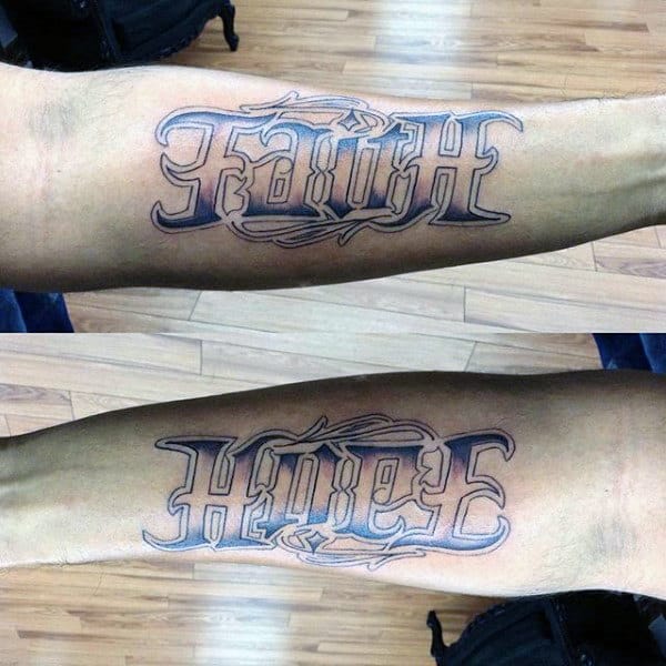 Mens Faith Hope Tattoo Ambigram On Forearm