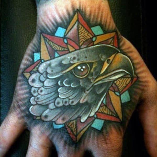 Mens Falcon Head With Geometric Background Hand Tattoo