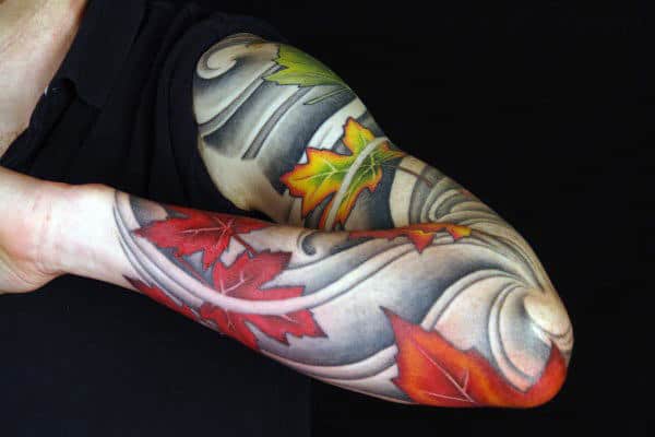 Mens Fall Japanese Leaves Blowing In The Wind Sleeve Tattoo