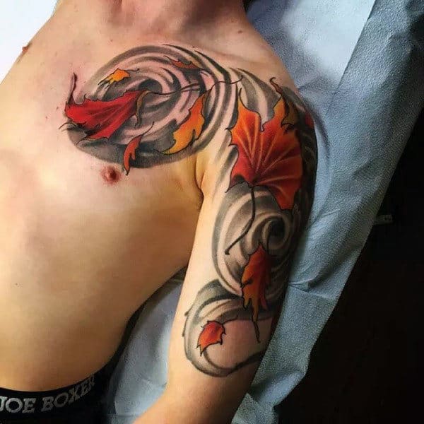 Mens Fall Leaf Tattoo Half Sleeve Design Ideas