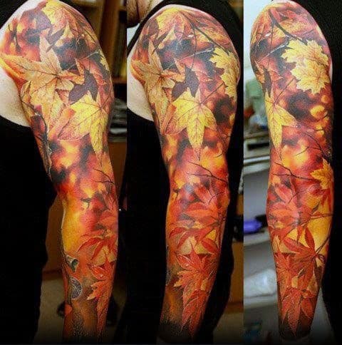 Mens Fall Leaves Camouflage Full Sleeve Tattoo Design