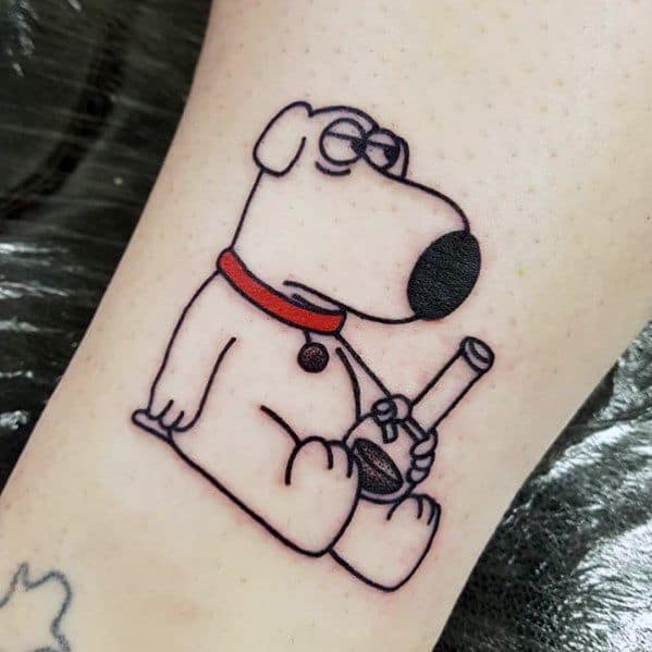 Tattoo of Brian Griffin from Family Guy sitting with a bored expression, holding a bong, depicted in a simple black outline style with minimal shading.