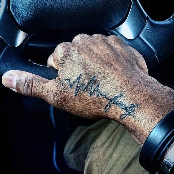 Mens Family Heartbeat Tattoo On Hands