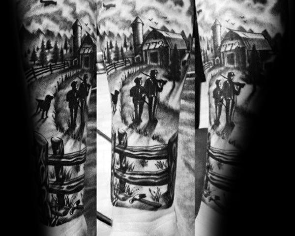 Black and gray tattoo of two farmers walking with a dog on a rural path, with barns, silos, and trees in the background.
