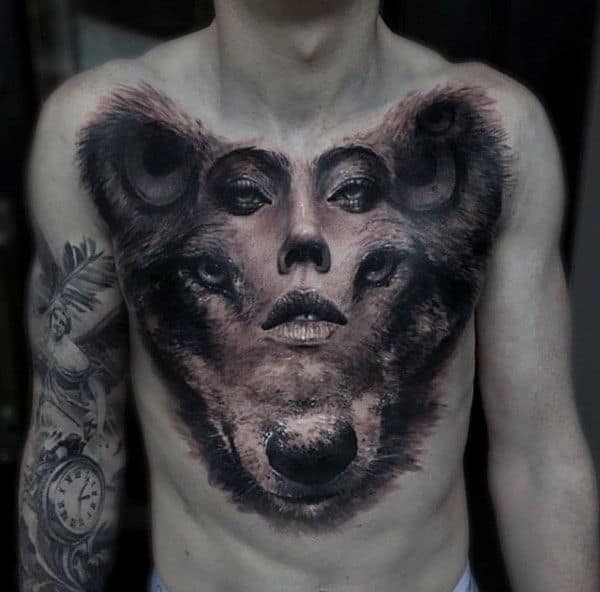 Mens Female Portrait Optical Illusion Wolf Amazing Chest Tattoo