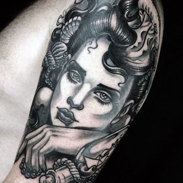 Mens Female Portrait Seashell Half Sleeve Tattoo