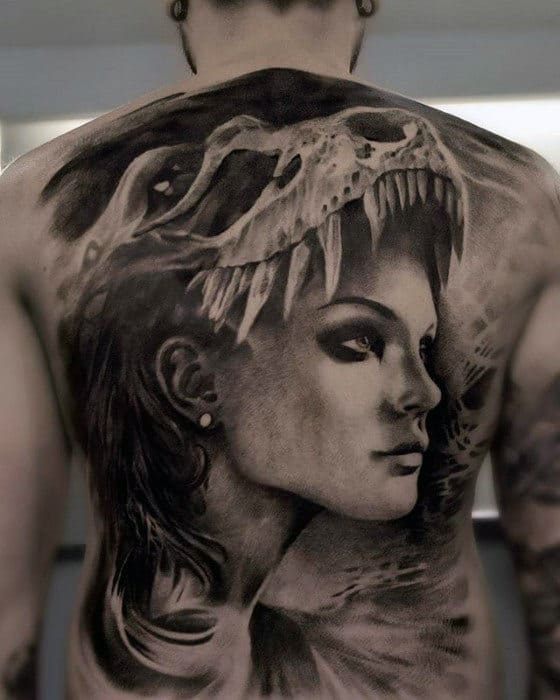 Mens Female Portrait With Animal Skull Head Badass Back Tattoo