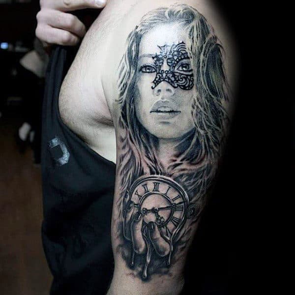 Mens Female Portrait With Melting Clock Arm Tattoos