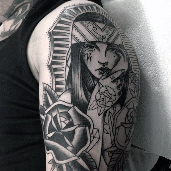 Mens Female Portrait With Rose Traditional Arm Tattoo Design Ideas