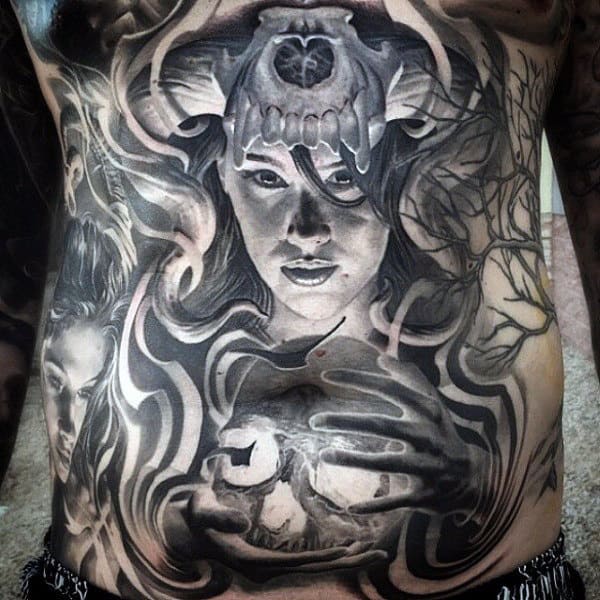 Mens Female With Skull Crazy Full Chest Tattoo Ideas