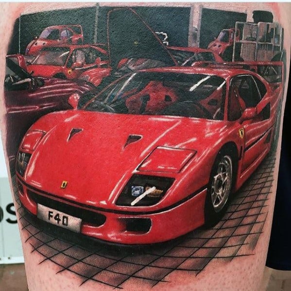Highly detailed tattoo of a Ferrari F40 parked in a showroom, capturing automotive luxury and iconic design, inked on man's arm.