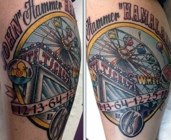 Colorful carnival-themed Ferris wheel tattoo with bold outlines, vibrant signage, balloons, and a ticket booth, capturing a nostalgic amusement park vibe.