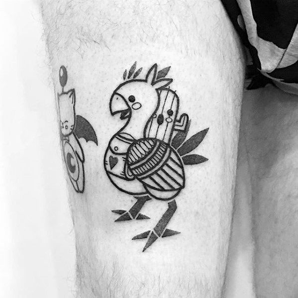 mens final fantasy cactuar riding a chocobo thigh tattoo