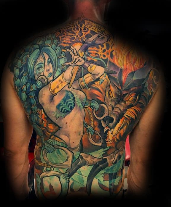 mens final fantasy themed full back tattoos