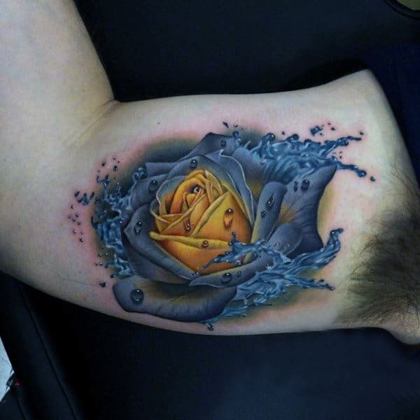 Mens Fire And Water Tattoo With Yellow Rose On Bicep