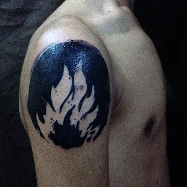 Mens Fire Negative Space Upper Arm Tattoo Black Ink