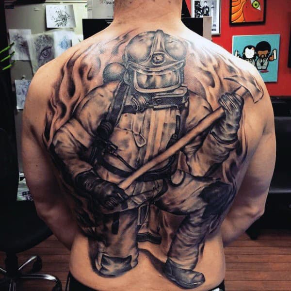 Men's Firefighter Back Tattoo