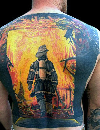 Men's Fireman Back Tattoos Ideas With Flames