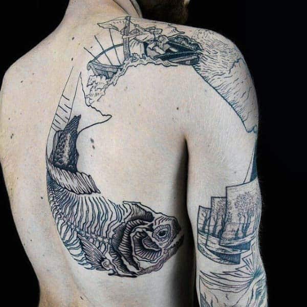 Mens Fish Bones Back Woodcut Tattoo Ideas
