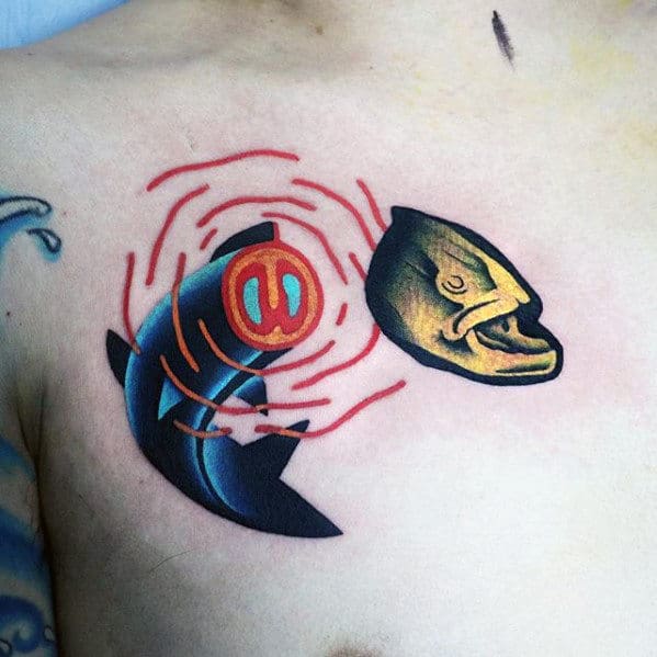 Mens Fish Head Badass Modern Upper Chest Small Tattoos