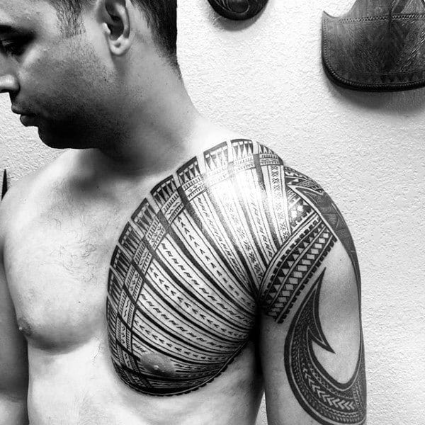 Mens Fish Hook Samoan Tribal Chest And Arm Tattoo