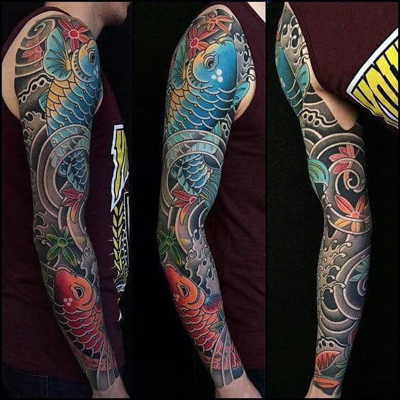 Mens Fish Japanese Sleeve Tattoo