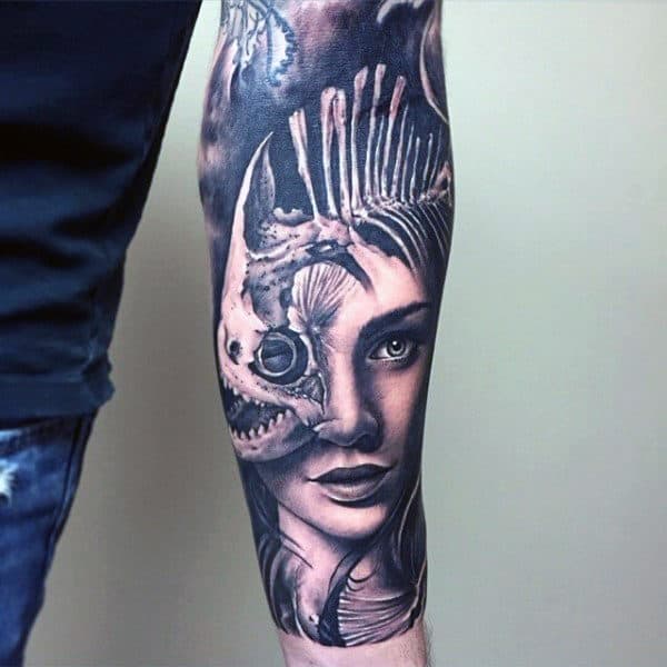 Mens Fish Skeleton With Female Portrait Forearm Sleeve Tattoo
