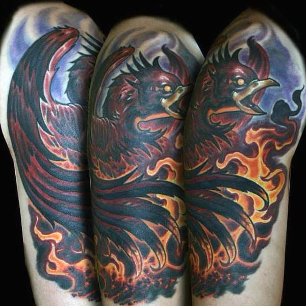 Mens Flames Tattoo Of Bird Half Sleeve
