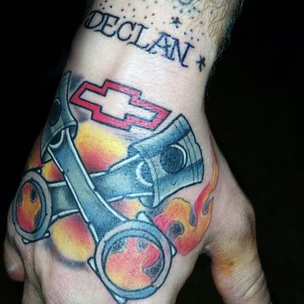 Mens Flaming Pistons Chevy Logo Hand Tattoo With Old School Design
