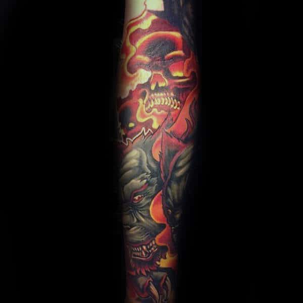 Mens Flaming Skull Cerberus Forearm Sleeve Tattoo Ideas