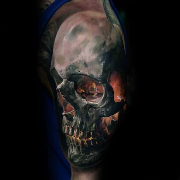Mens Flaming Skull Realistic 3d Half Sleeve Tattoo