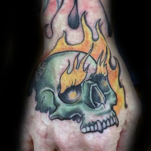 Mens Flaming Skull Tattoo Ideas On Hands