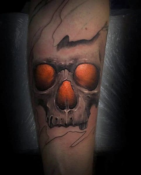 Mens Flaming Skull Tattoo On Forearm