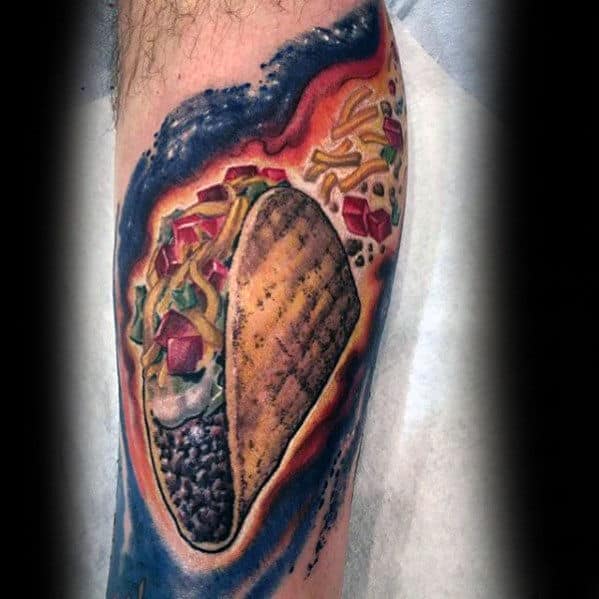 Mens Flaming Taco 3d Realistic Leg Tattoo Designs