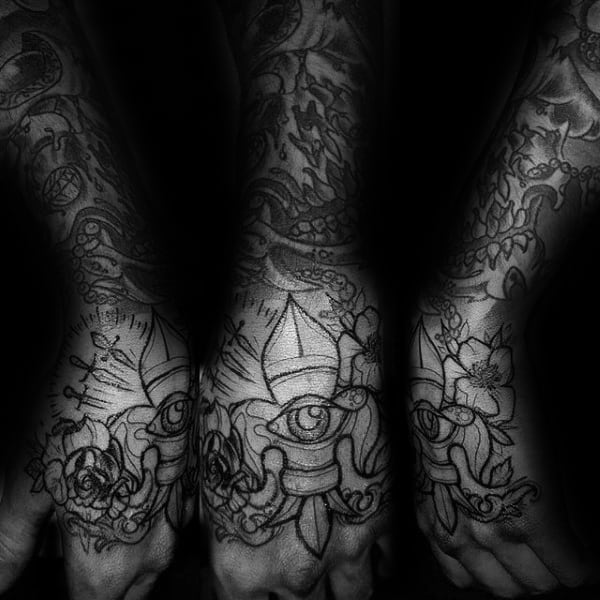 Mens Fleur De Lis Hand Tattoo With Eye