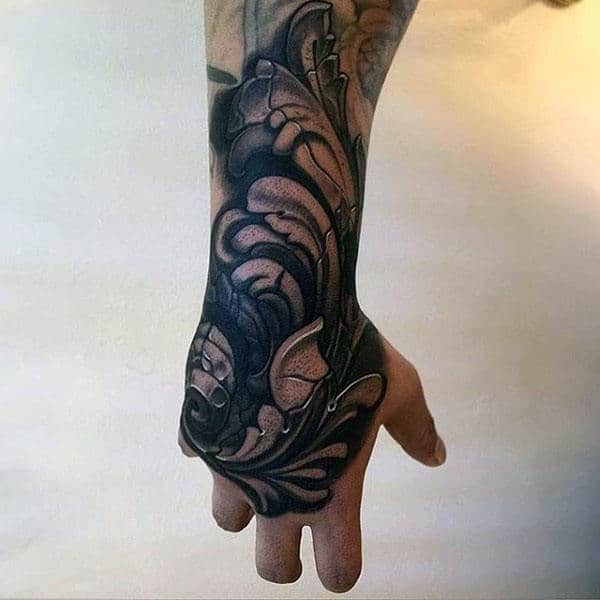 Mens Floral Ornate Optical Illusion Hand Tattoo