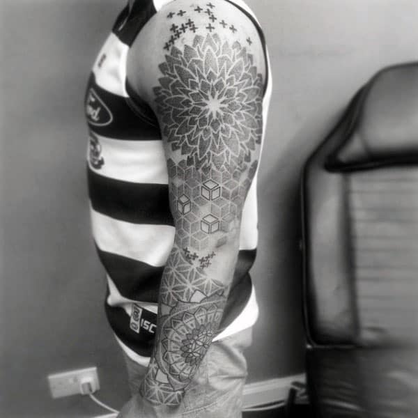 Mens Floral Pattern Full Sleeve Pointillism Tattoo Inspiration