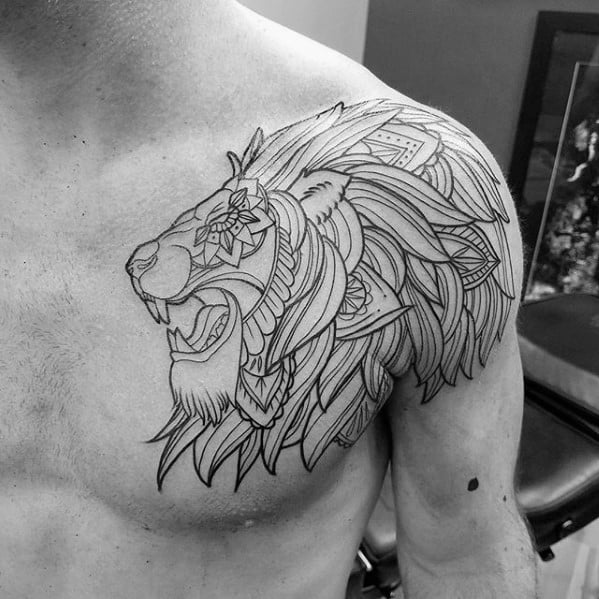 Mens Floral Pattern Lion Shoulder Tattoo