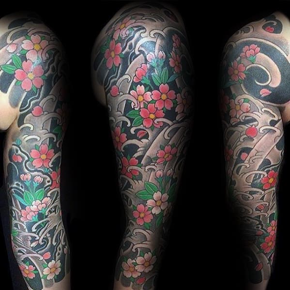 Mens Floral Themed Japanese Sleeve Flower Tattoo