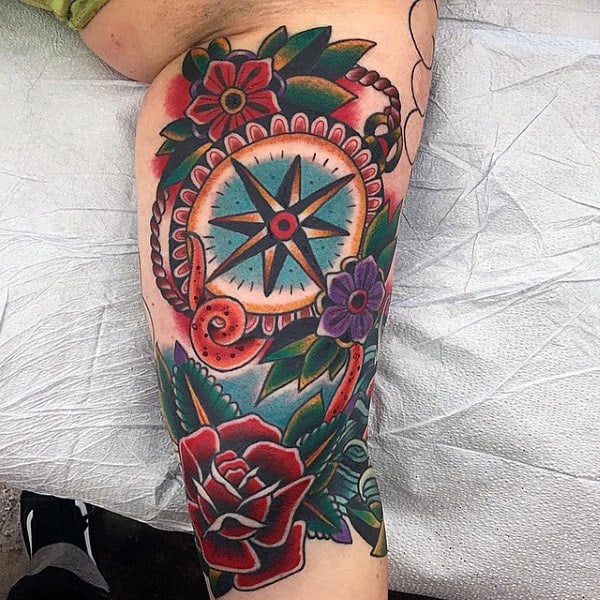 Mens Floral Traditional Compass Old School Leg Tattoo Designs
